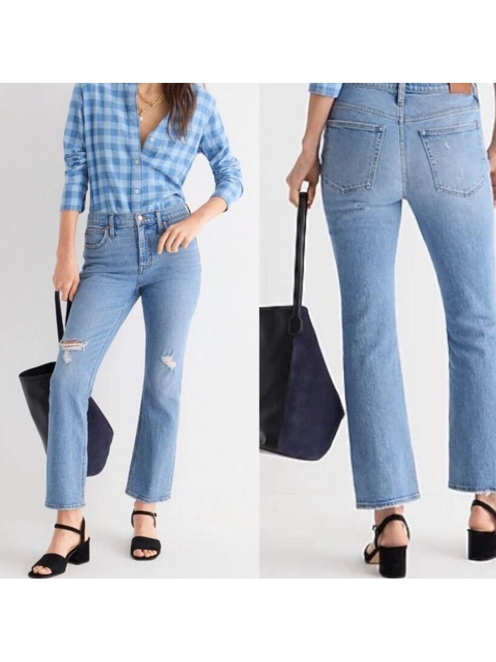J. Crew Billie Demi Boot Crop Jeans in Light Blue with Distressed Knees